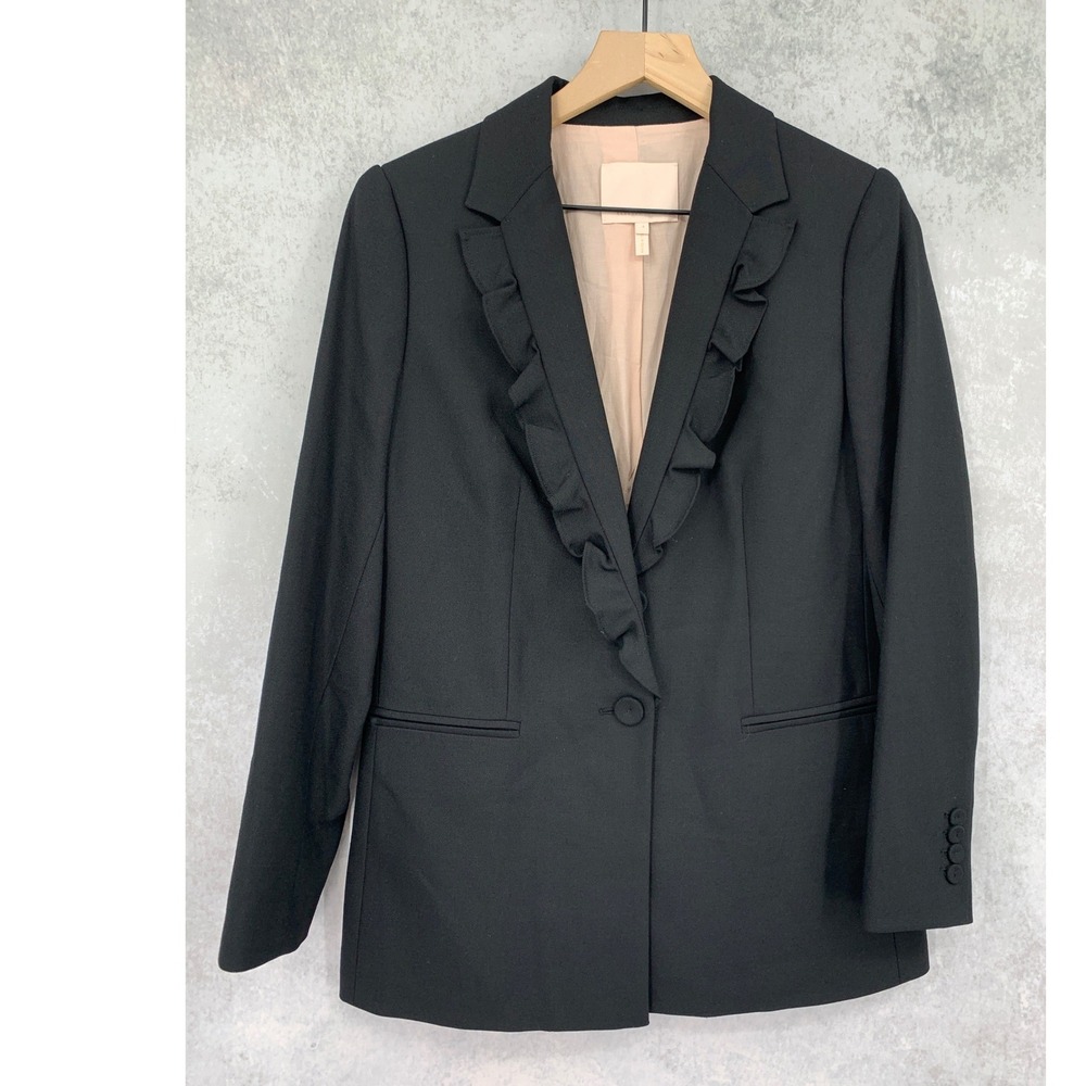 Rebecca Taylor Blazer Womens 4 Black Ruffle Trim Wool Blend Professional Career